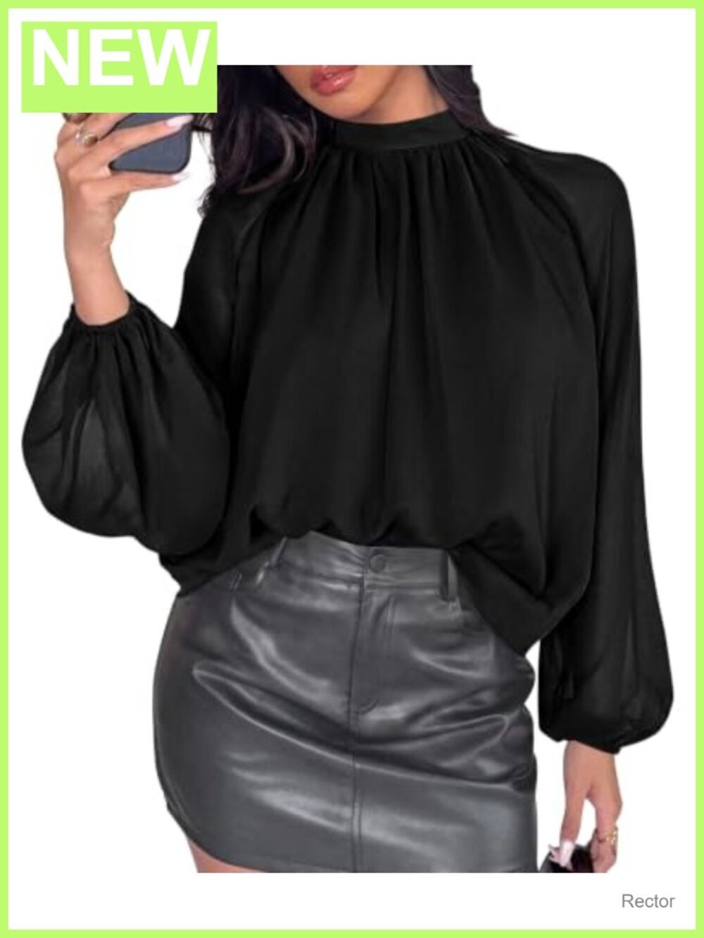 Chiffon Mock Neck Pleated Blouse Bishop Sleeve Business Casual